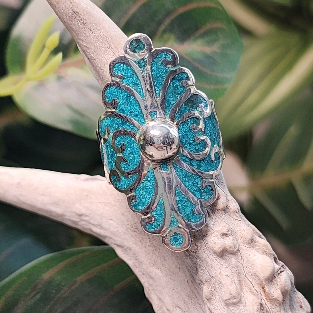 Taxco Sterling Silver & Turquoise Ring Size 7 - Picture 7 of 12